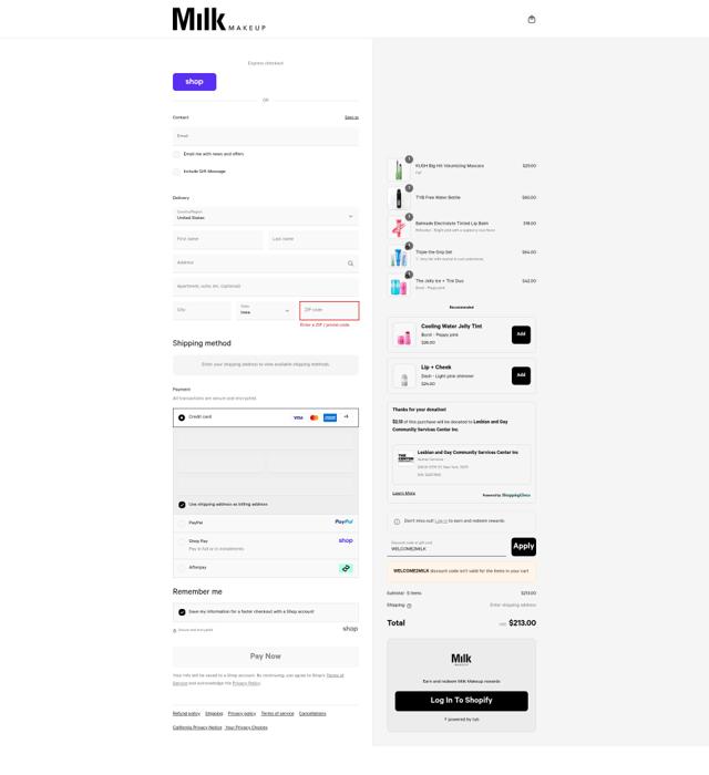 Milk Makeup checkout page showing Milk Makeup promo code box | Screenshot taken by SimplyCodes community member on Sep 10, 2025