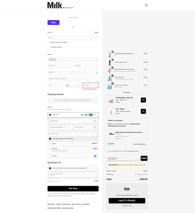 Milk Makeup checkout page showing Milk Makeup promo code box | Screenshot taken by SimplyCodes community member on Sep 14, 2025