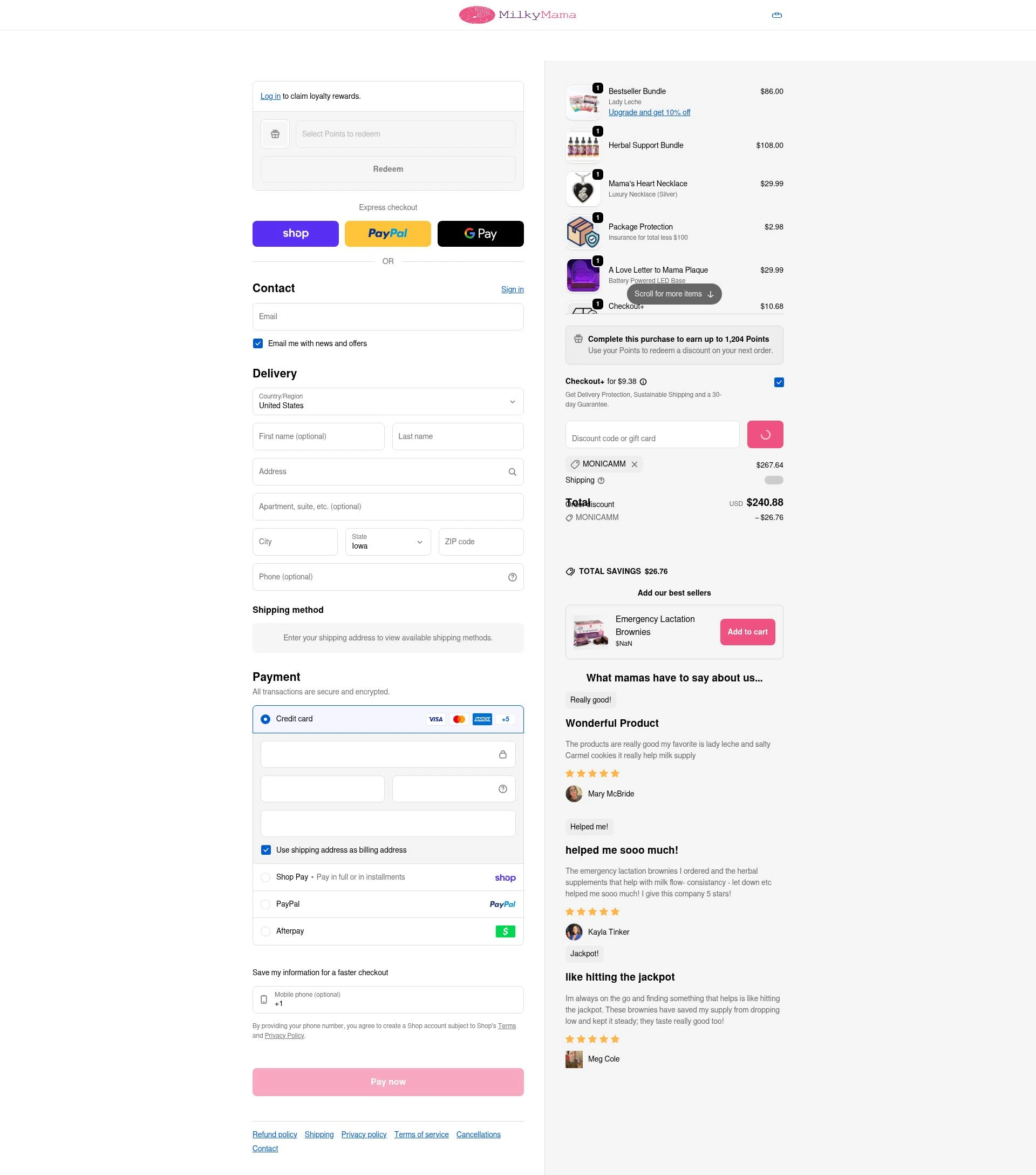 Milky Mama checkout page showing Milky Mama discount code box | Screenshot taken by SimplyCodes community member on Feb 8, 2026