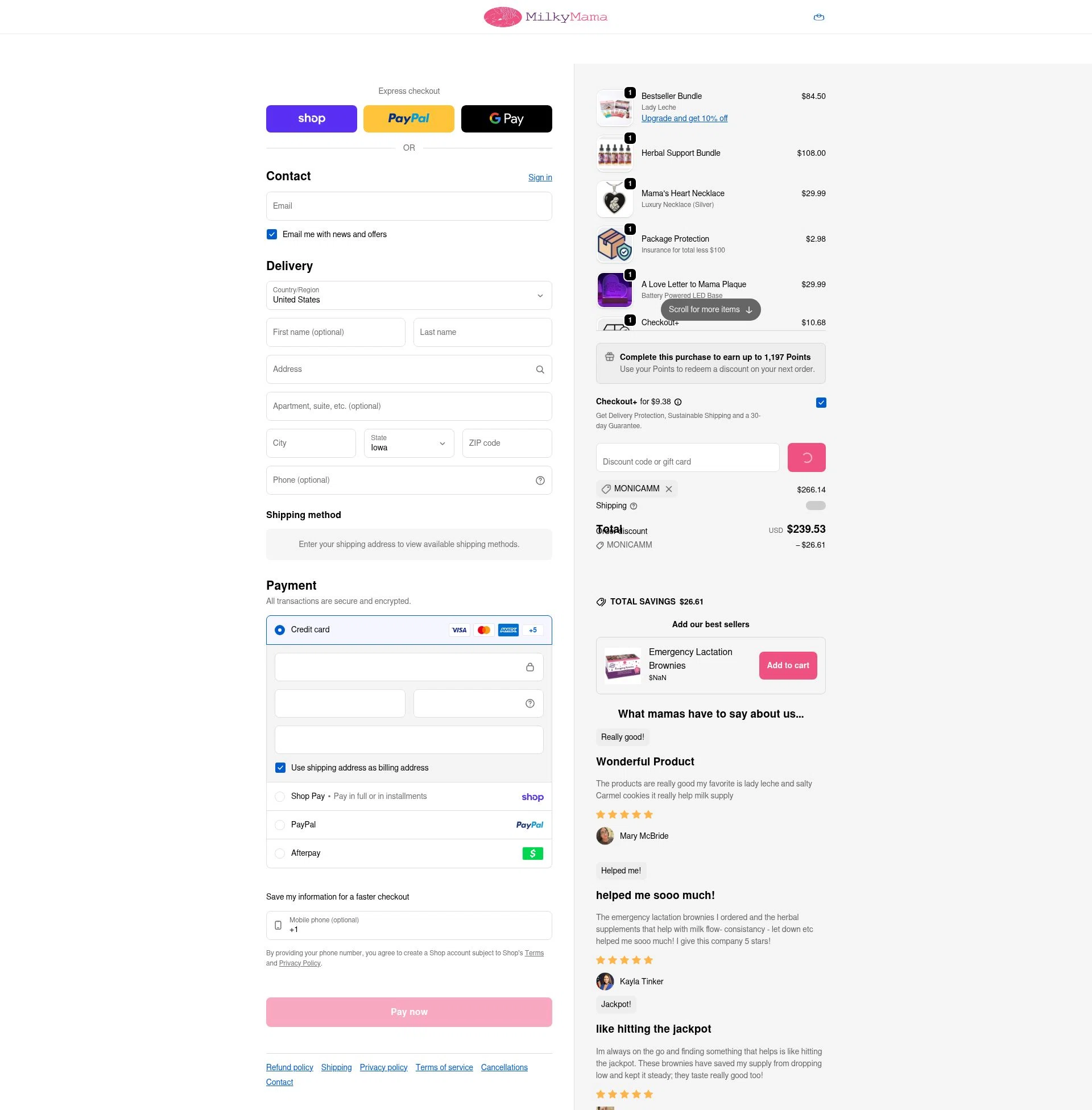 Milky Mama checkout page showing Milky Mama discount code box | Screenshot taken by SimplyCodes community member on Jan 30, 2026