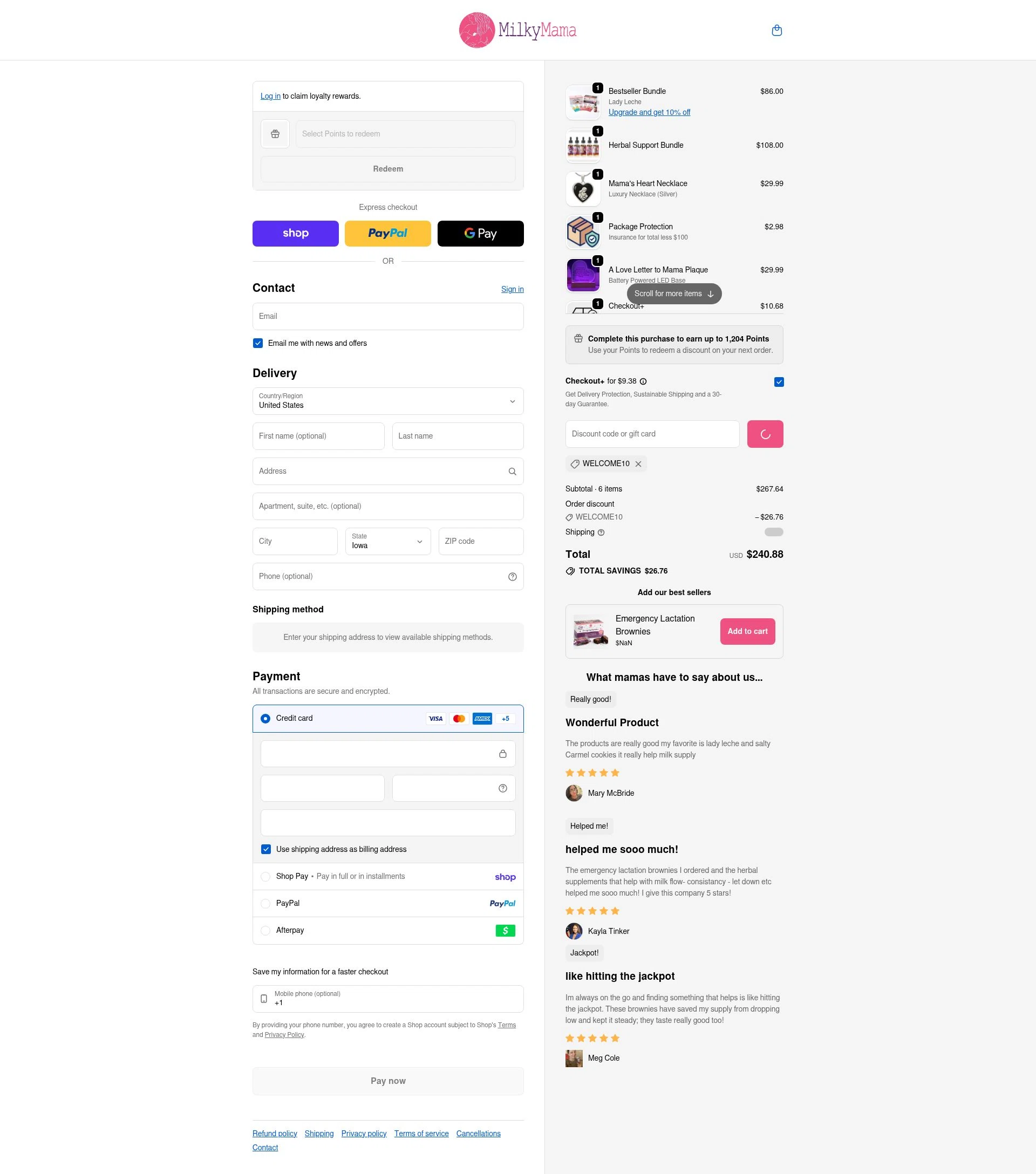 Milky Mama checkout page showing Milky Mama discount code box | Screenshot taken by SimplyCodes community member on Feb 8, 2026