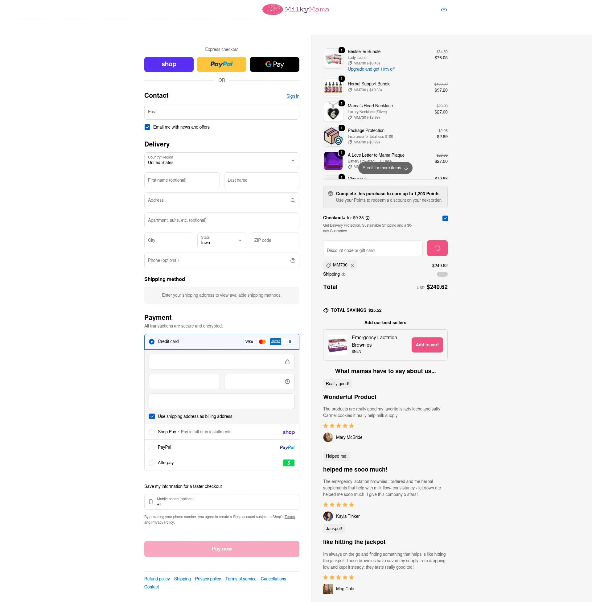 Milky Mama checkout page showing Milky Mama discount code box | Screenshot taken by SimplyCodes community member on Jan 30, 2026