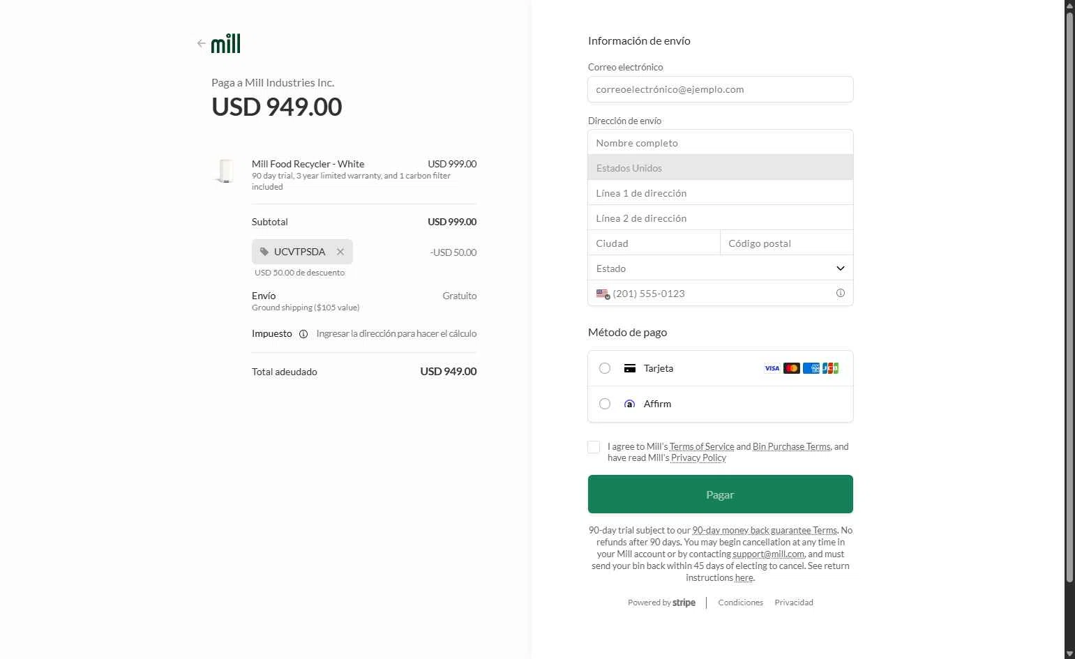 Mill checkout page showing Mill promo code box | Screenshot taken by SimplyCodes community member on Jan 8, 2026