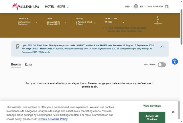 Millenium Hotels checkout page showing Millenium Hotels promo code box | Screenshot taken by SimplyCodes community member on Aug 22, 2025