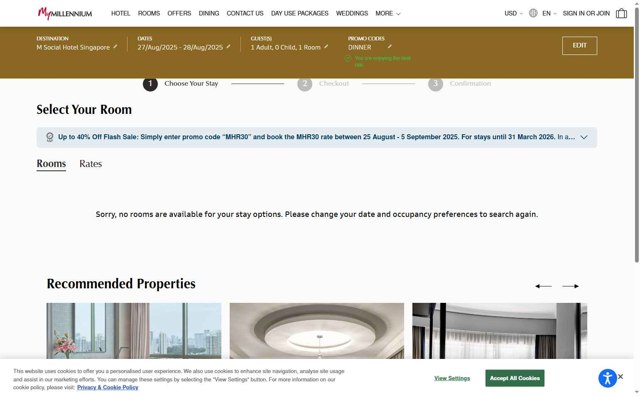 Millenium Hotels checkout page showing Millenium Hotels promo code box | Screenshot taken by SimplyCodes community member on Aug 27, 2025