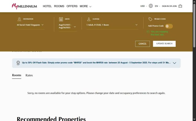 Millenium Hotels checkout page showing Millenium Hotels promo code box | Screenshot taken by SimplyCodes community member on Aug 25, 2025