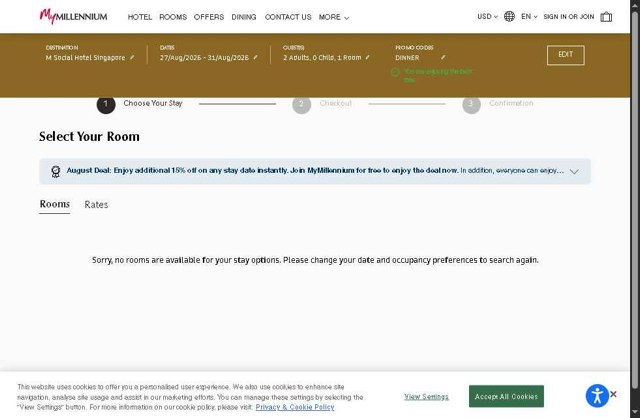 Millenium Hotels checkout page showing Millenium Hotels promo code box | Screenshot taken by SimplyCodes community member on Aug 13, 2025