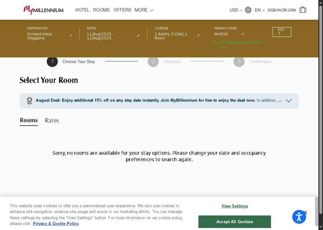 Millenium Hotels checkout page showing Millenium Hotels promo code box | Screenshot taken by SimplyCodes community member on Aug 11, 2025