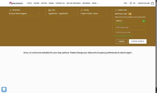 Millenium Hotels checkout page showing Millenium Hotels promo code box | Screenshot taken by SimplyCodes community member on Aug 2, 2025