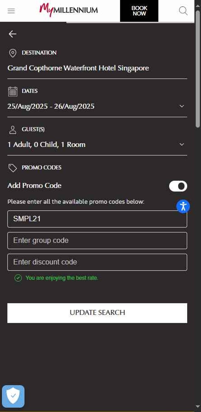 Millenium Hotels checkout page showing Millenium Hotels promo code box | Screenshot taken by SimplyCodes community member on Aug 25, 2025