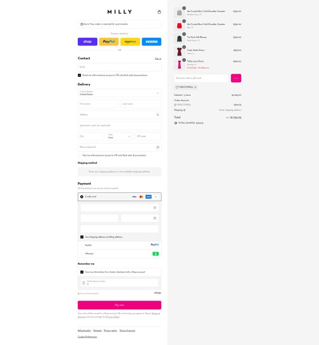 MILLY checkout page showing MILLY discount code box | Screenshot taken by SimplyCodes community member on Sep 12, 2025