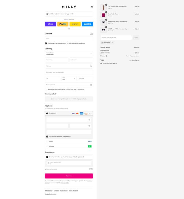 MILLY checkout page showing MILLY discount code box | Screenshot taken by SimplyCodes community member on Sep 4, 2025