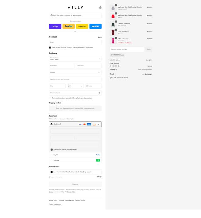 MILLY checkout page showing MILLY discount code box | Screenshot taken by SimplyCodes community member on Sep 8, 2025
