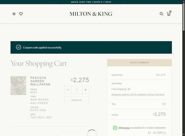 Milton And King checkout page showing Milton And King coupon code box | Screenshot taken by SimplyCodes community member on Jul 6, 2025