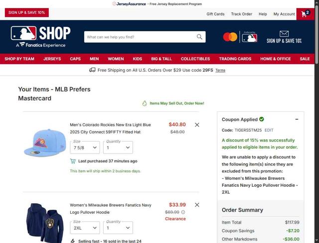 Milwaukee Brewers checkout page showing Milwaukee Brewers coupon code box | Screenshot taken by SimplyCodes community member on Sep 7, 2025