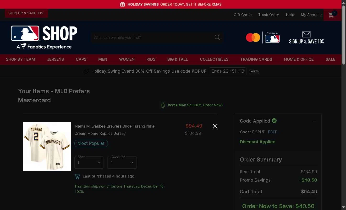 Milwaukee Brewers checkout page showing Milwaukee Brewers coupon code box | Screenshot taken by SimplyCodes community member on Dec 18, 2025