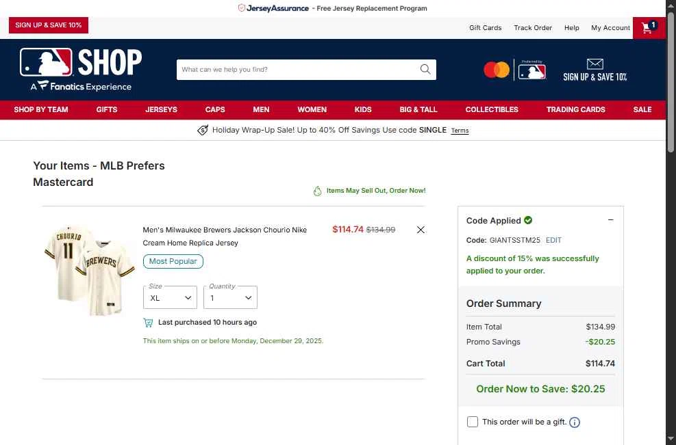 Milwaukee Brewers checkout page showing Milwaukee Brewers coupon code box | Screenshot taken by SimplyCodes community member on Dec 27, 2025