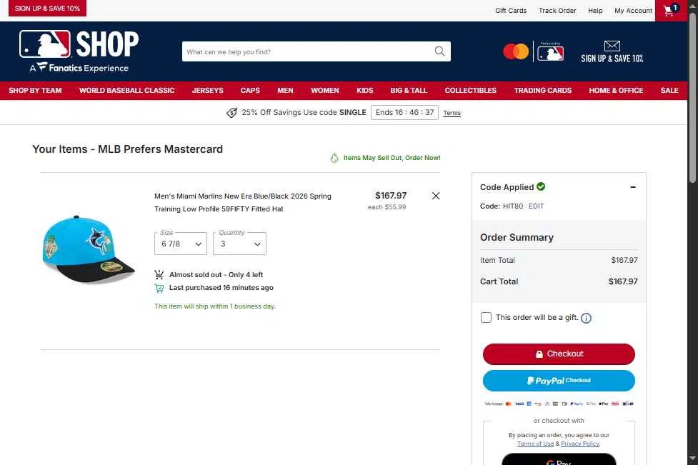 Milwaukee Brewers checkout page showing Milwaukee Brewers coupon code box | Screenshot taken by SimplyCodes community member on Feb 21, 2026