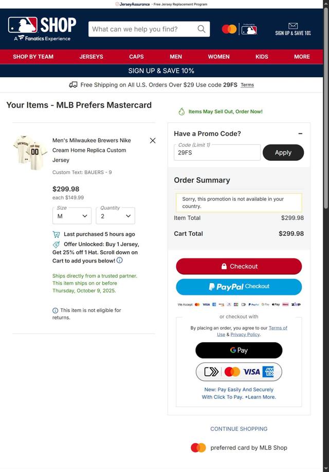 Milwaukee Brewers checkout page showing Milwaukee Brewers coupon code box | Screenshot taken by SimplyCodes community member on Sep 11, 2025