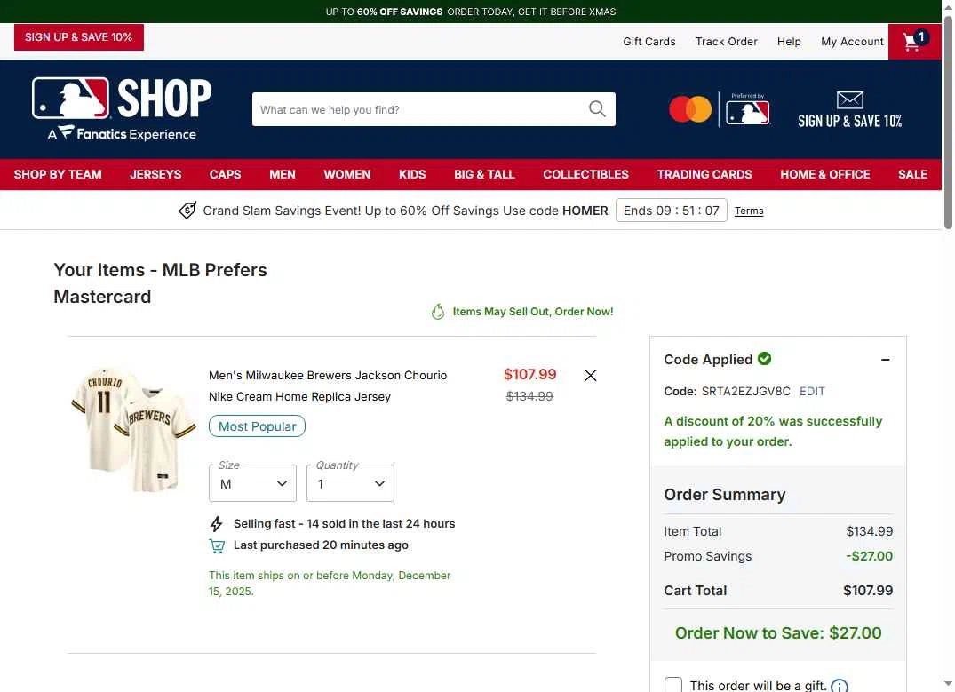 Milwaukee Brewers checkout page showing Milwaukee Brewers coupon code box | Screenshot taken by SimplyCodes community member on Dec 14, 2025