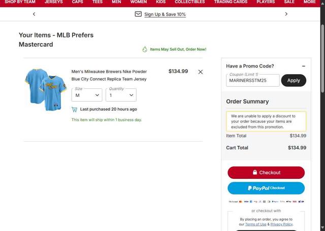 Milwaukee Brewers checkout page showing Milwaukee Brewers coupon code box | Screenshot taken by SimplyCodes community member on Oct 3, 2025