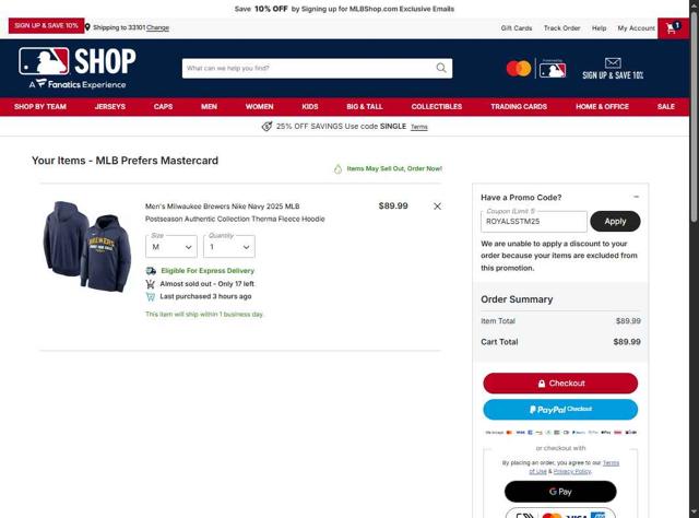 Milwaukee Brewers checkout page showing Milwaukee Brewers coupon code box | Screenshot taken by SimplyCodes community member on Oct 5, 2025
