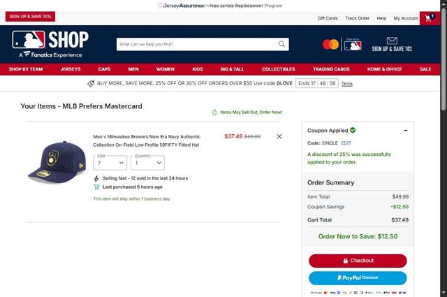 Milwaukee Brewers checkout page showing Milwaukee Brewers coupon code box | Screenshot taken by SimplyCodes community member on Sep 30, 2025