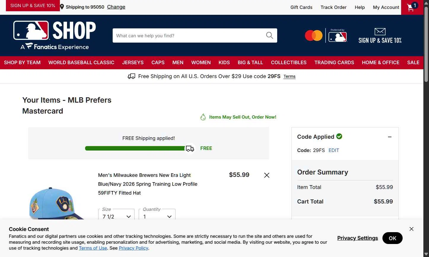 Milwaukee Brewers checkout page showing Milwaukee Brewers coupon code box | Screenshot taken by SimplyCodes community member on Feb 18, 2026