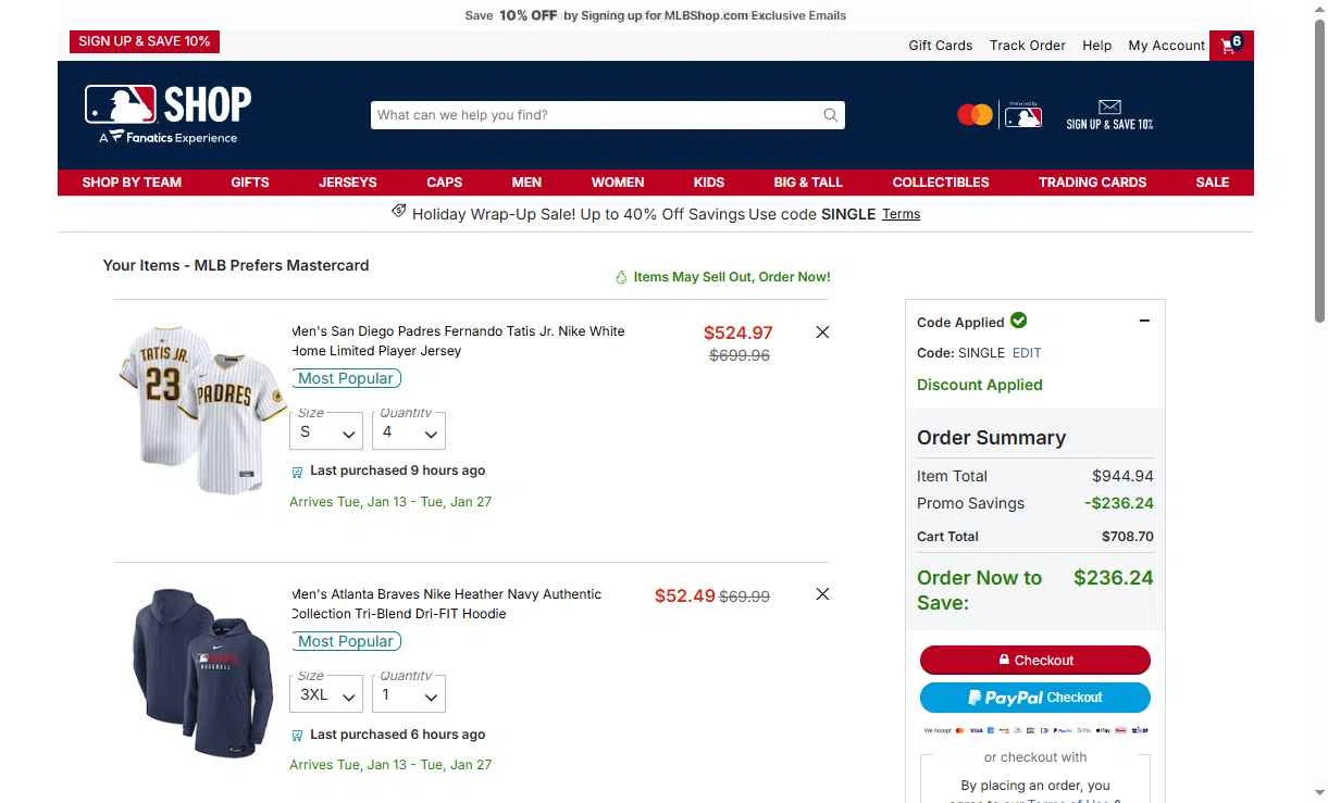 Milwaukee Brewers checkout page showing Milwaukee Brewers coupon code box | Screenshot taken by SimplyCodes community member on Dec 28, 2025