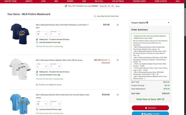 Milwaukee Brewers checkout page showing Milwaukee Brewers coupon code box | Screenshot taken by SimplyCodes community member on Oct 3, 2025