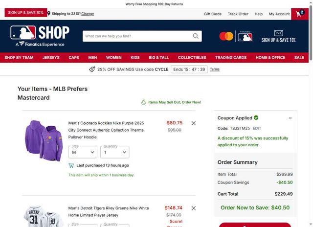 Milwaukee Brewers checkout page showing Milwaukee Brewers coupon code box | Screenshot taken by SimplyCodes community member on Sep 10, 2025