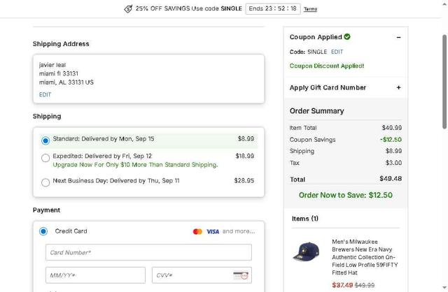 Milwaukee Brewers checkout page showing Milwaukee Brewers coupon code box | Screenshot taken by SimplyCodes community member on Sep 10, 2025