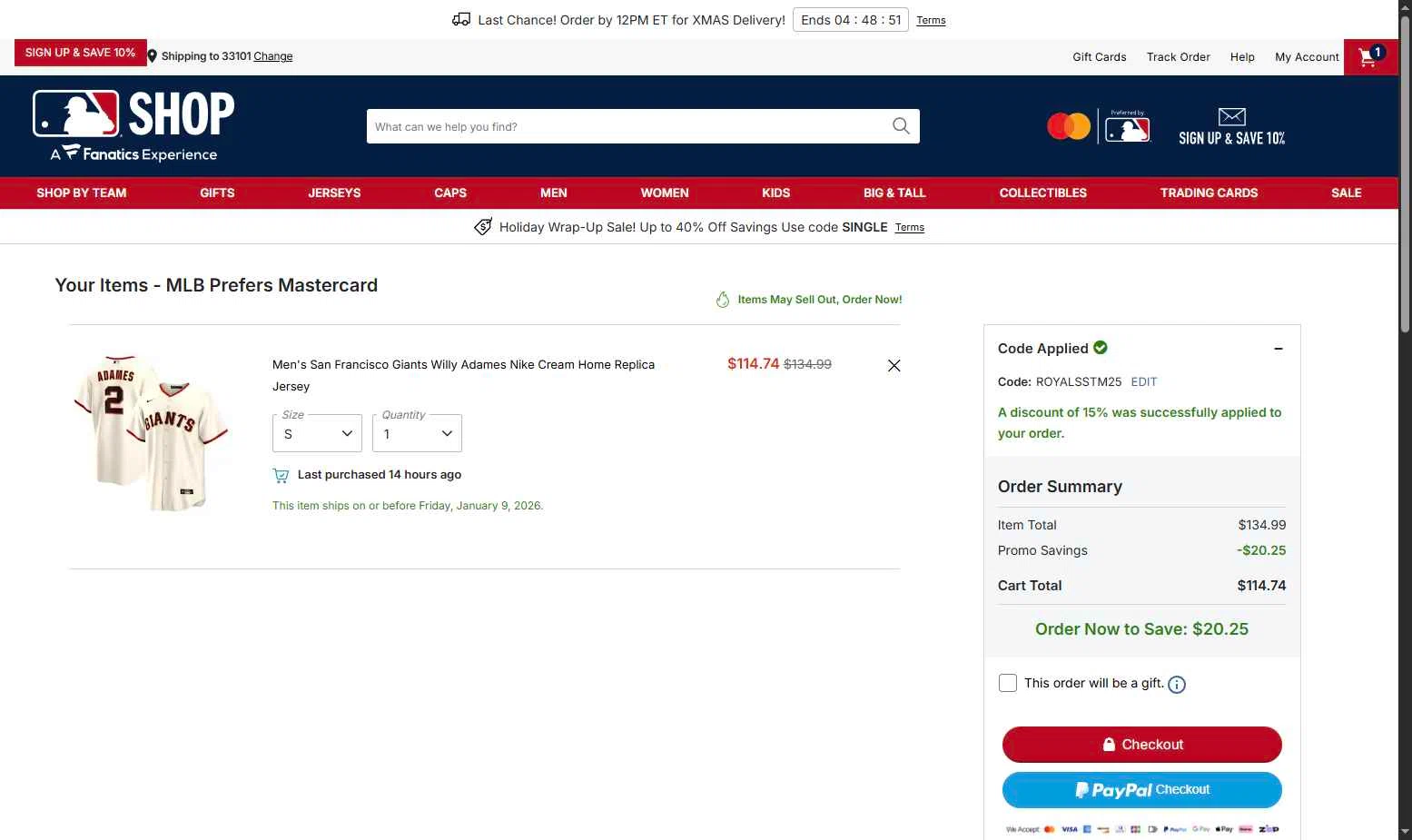 Milwaukee Brewers checkout page showing Milwaukee Brewers coupon code box | Screenshot taken by SimplyCodes community member on Dec 22, 2025