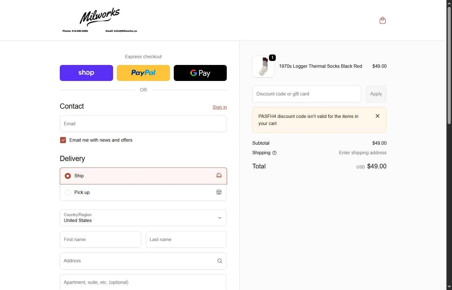 Milworks checkout page showing Milworks discount code box | Screenshot taken by SimplyCodes community member on Feb 16, 2026