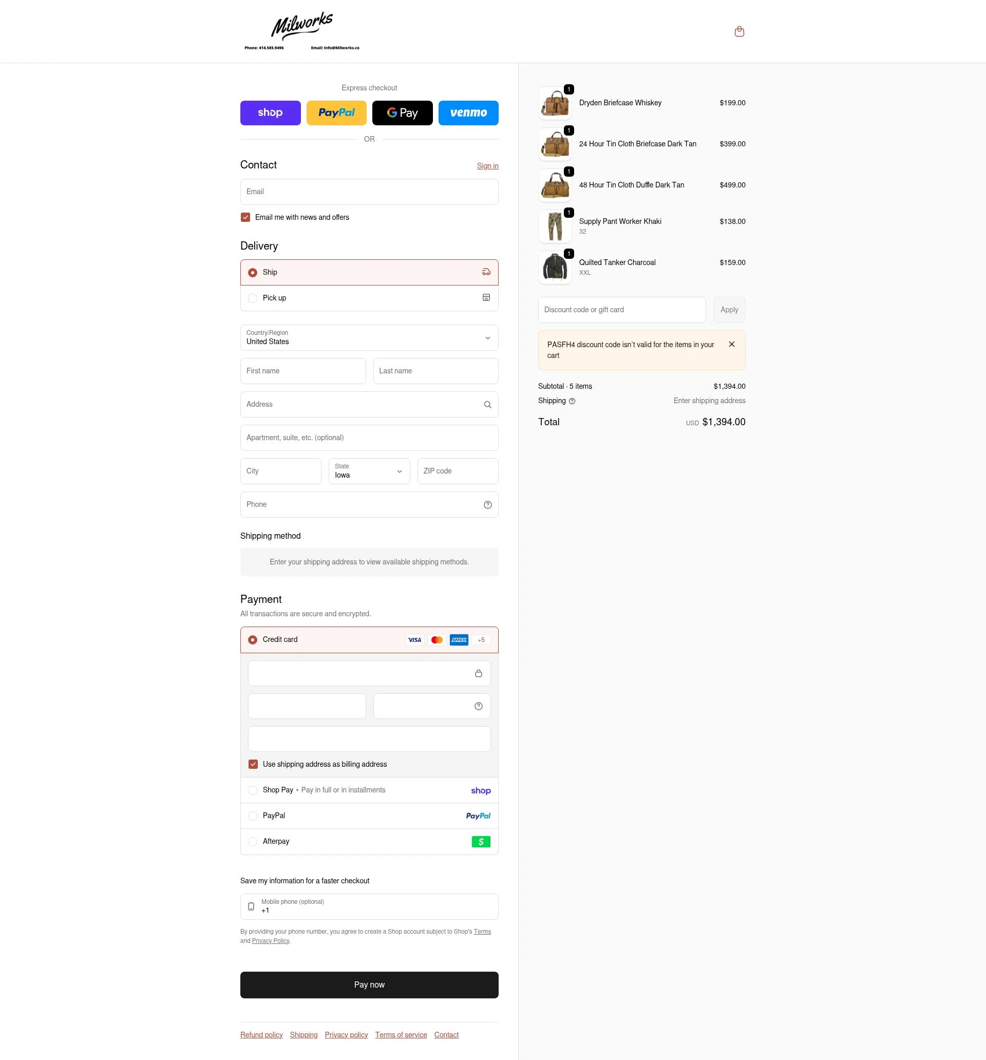 Milworks checkout page showing Milworks discount code box | Screenshot taken by SimplyCodes community member on Feb 8, 2026