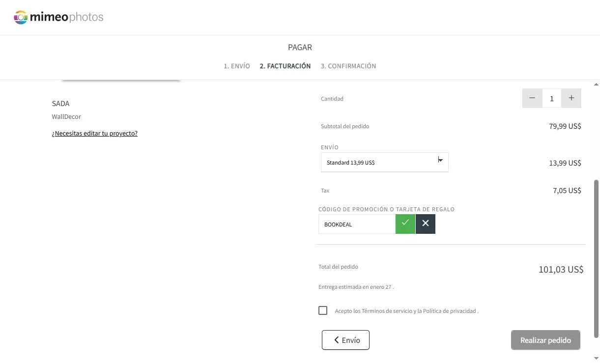 Mimeo Photos checkout page showing Mimeo Photos promo code box | Screenshot taken by SimplyCodes community member on Jan 17, 2026