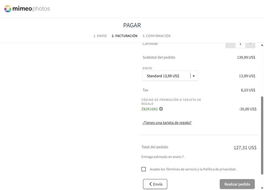 Mimeo Photos checkout page showing Mimeo Photos promo code box | Screenshot taken by SimplyCodes community member on Dec 28, 2025