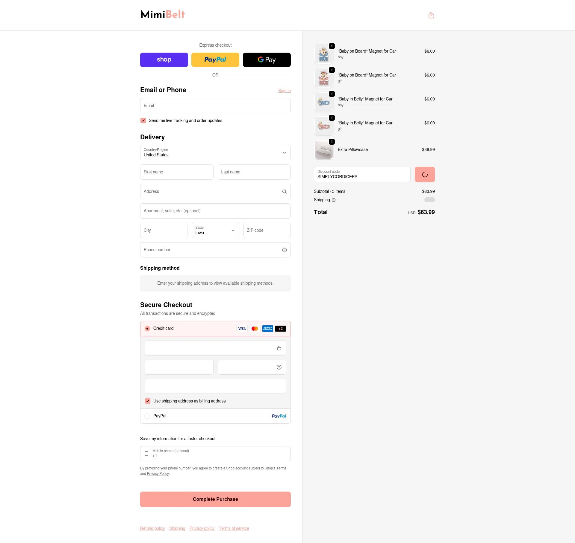 MimiBelt checkout page showing MimiBelt discount code box | Screenshot taken by SimplyCodes community member on Feb 20, 2026