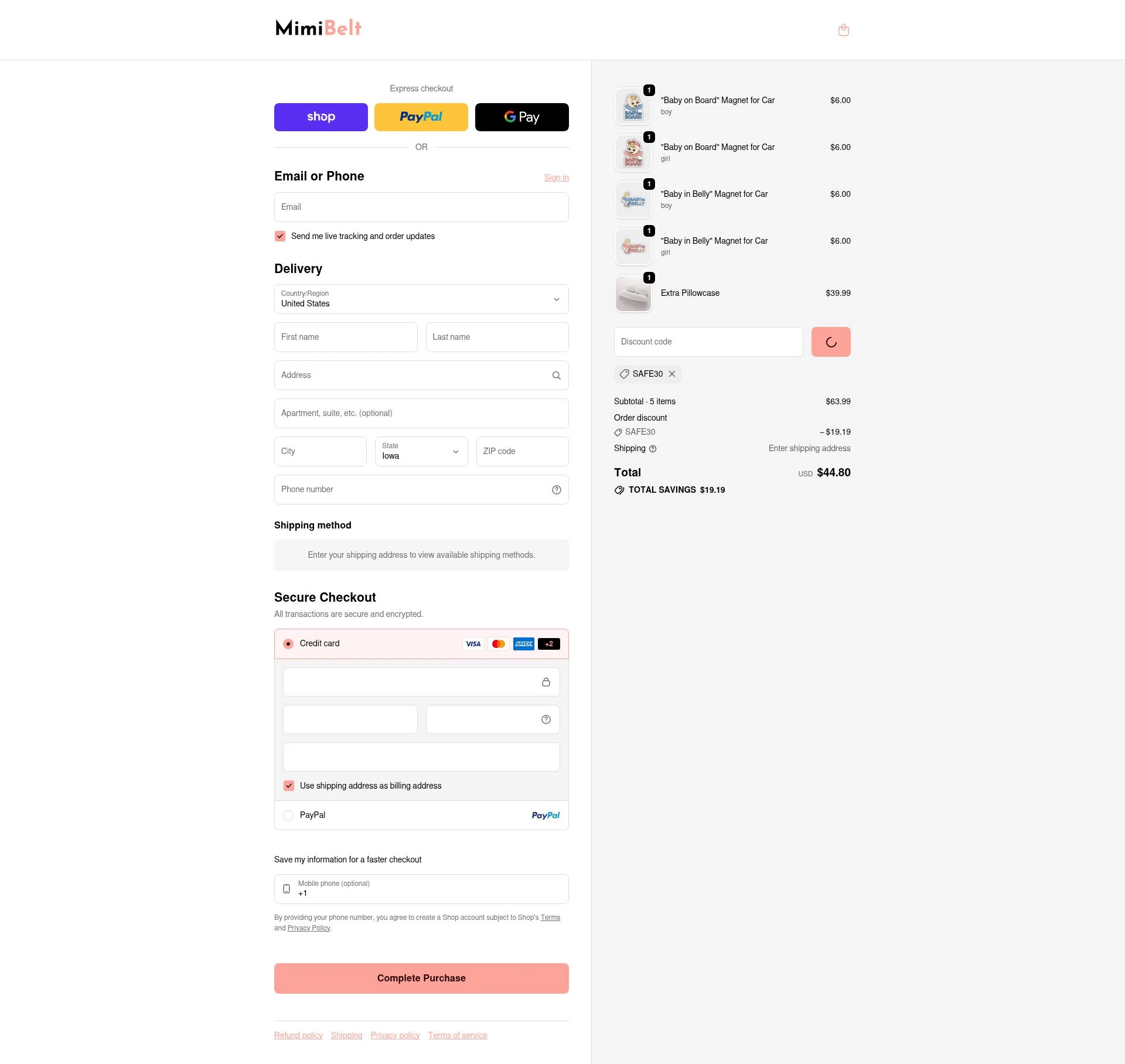 MimiBelt checkout page showing MimiBelt discount code box | Screenshot taken by SimplyCodes community member on Feb 20, 2026