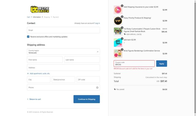 MineBrick checkout page showing MineBrick discount code box | Screenshot taken by SimplyCodes community member on Aug 19, 2025