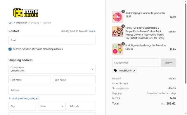MineBrick checkout page showing MineBrick discount code box | Screenshot taken by SimplyCodes community member on Apr 29, 2025