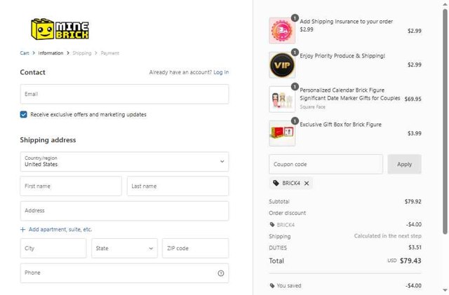 MineBrick checkout page showing MineBrick discount code box | Screenshot taken by SimplyCodes community member on Aug 19, 2025