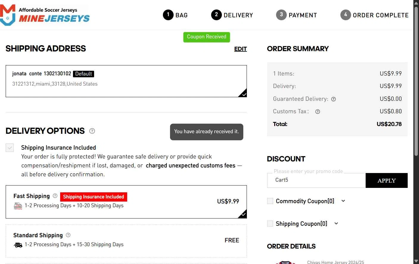 MineJerseys checkout page showing MineJerseys promo code box | Screenshot taken by SimplyCodes community member on Nov 12, 2025