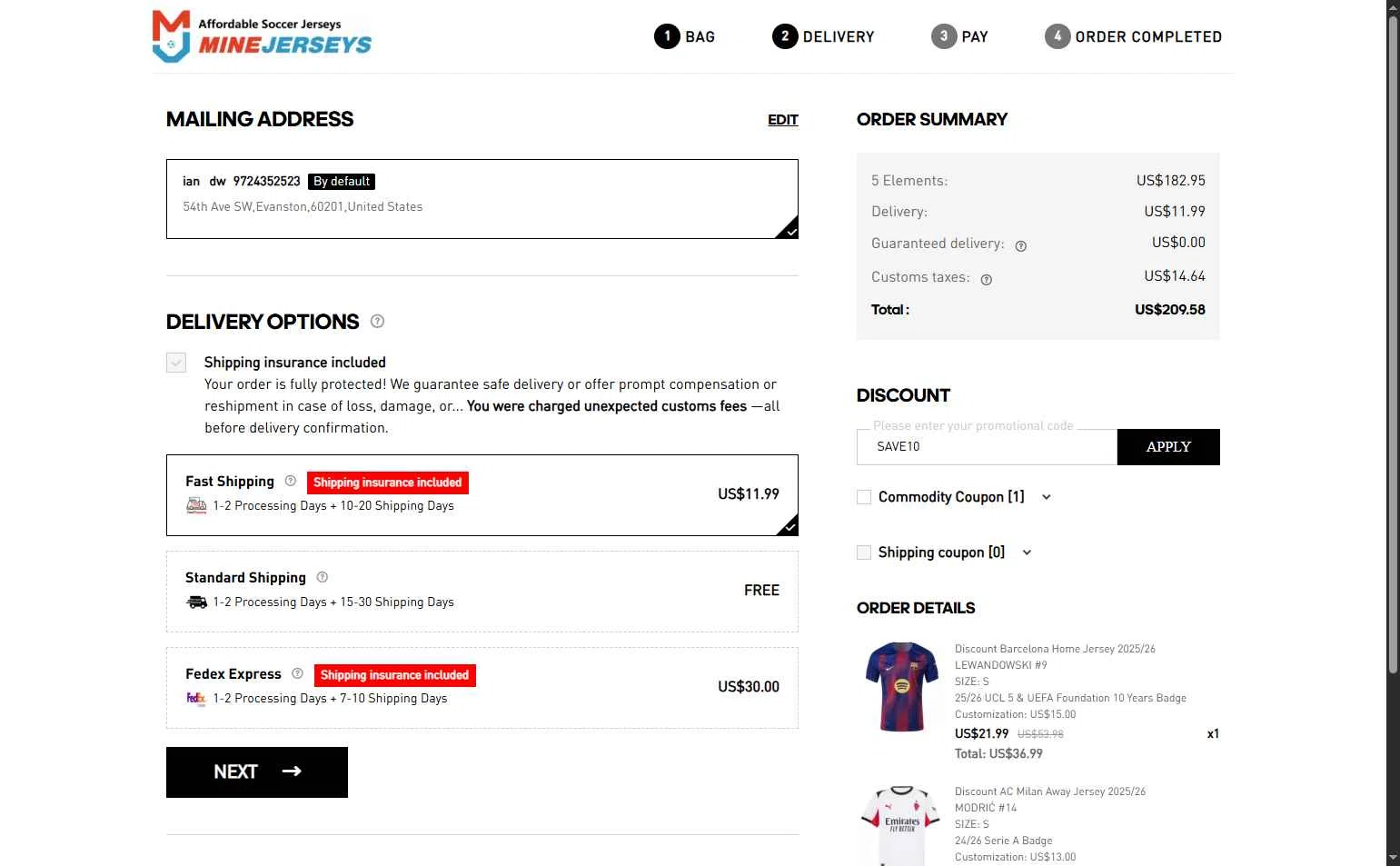 MineJerseys checkout page showing MineJerseys promo code box | Screenshot taken by SimplyCodes community member on Aug 21, 2025