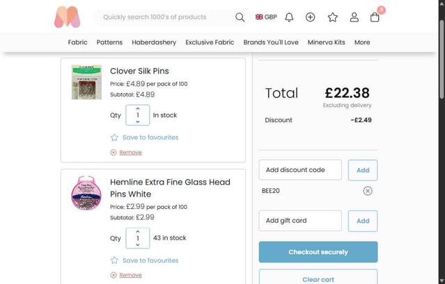 Minerva Crafts checkout page showing Minerva Crafts discount code box | Screenshot taken by SimplyCodes community member on Aug 28, 2025