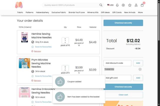 Minerva Crafts checkout page showing Minerva Crafts discount code box | Screenshot taken by SimplyCodes community member on Aug 11, 2025