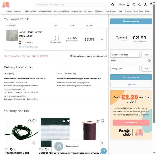 Minerva Crafts checkout page showing Minerva Crafts discount code box | Screenshot taken by SimplyCodes community member on Aug 15, 2025