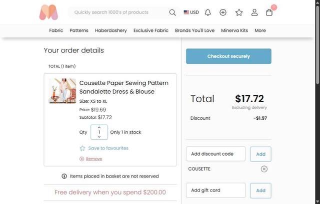 Minerva Crafts checkout page showing Minerva Crafts discount code box | Screenshot taken by SimplyCodes community member on Aug 14, 2025