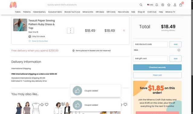 Minerva Crafts checkout page showing Minerva Crafts discount code box | Screenshot taken by SimplyCodes community member on Aug 6, 2025