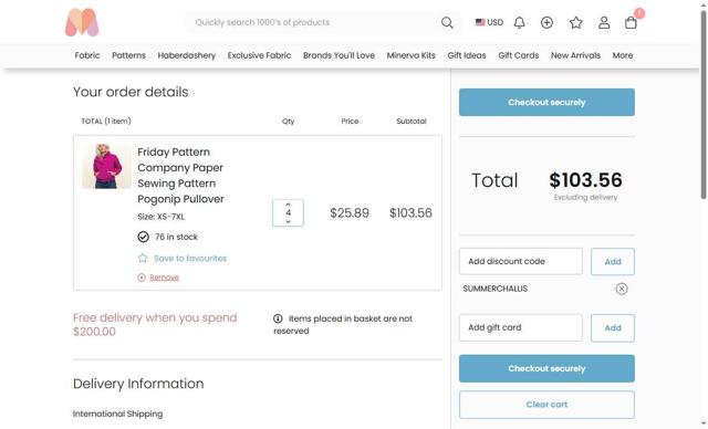 Minerva Crafts checkout page showing Minerva Crafts discount code box | Screenshot taken by SimplyCodes community member on Aug 7, 2025